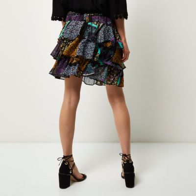 Purple print ruffle mini skirt